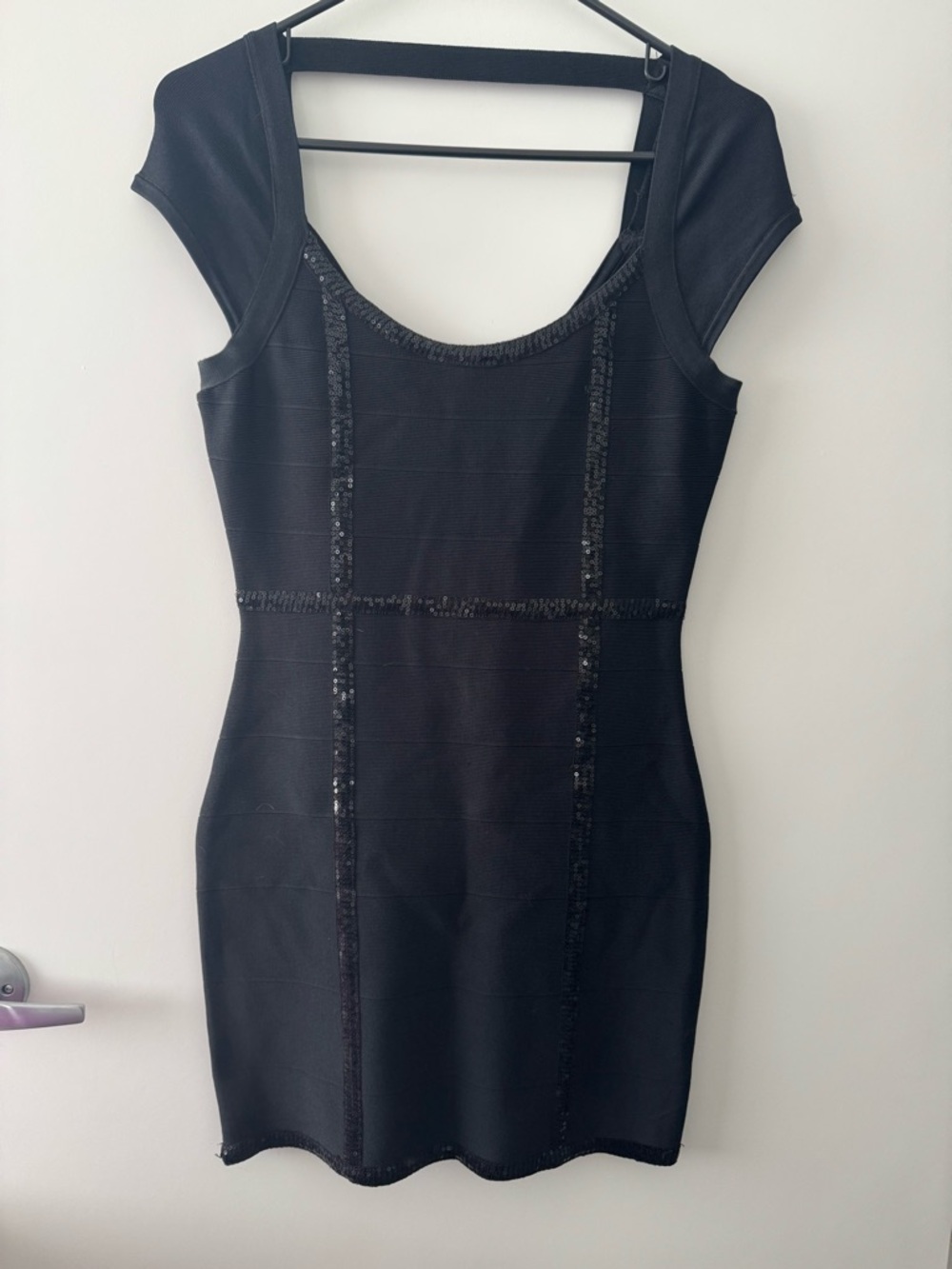 Herve Leger Black Sequin-Trim Cap Sleeve Bandage Mini Dress